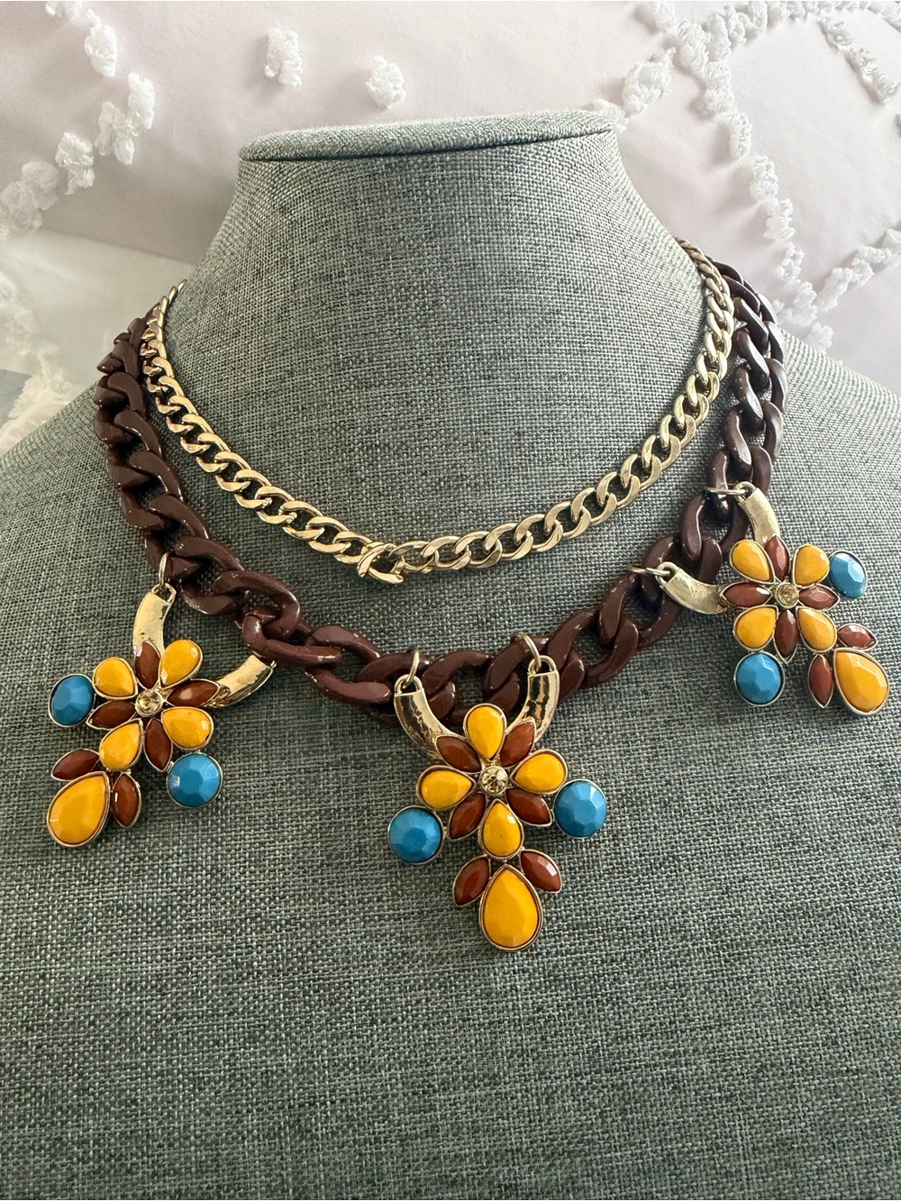 Boho Floral Triple Pendant Necklace - Gold, Brown, Yellow & Turquoise, earrings.